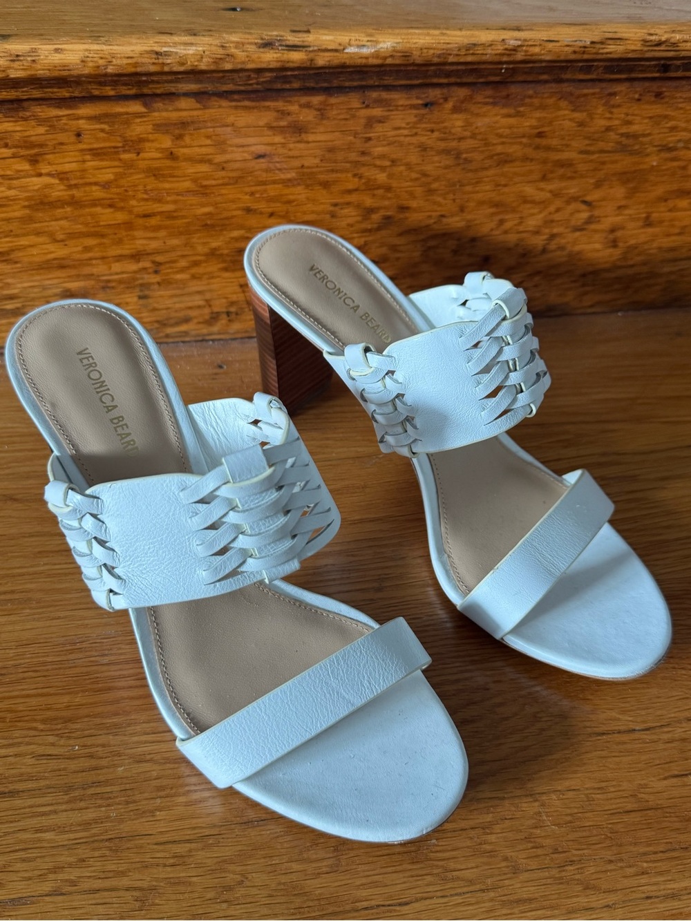 Veronica Beard White Leather Woven Strap Block Heel Mules